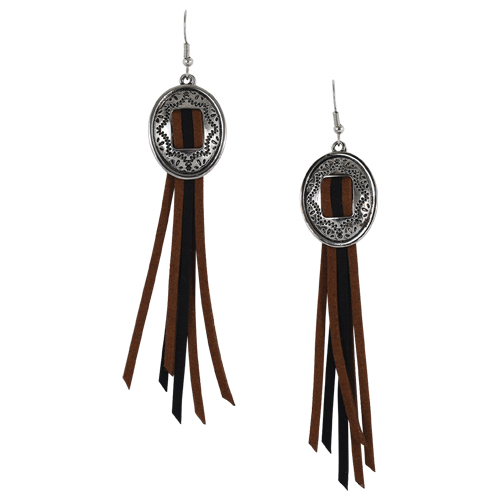 JUSTIN EARRINGS, EMBOSSED CONCHO W/SUEDE FRINGE