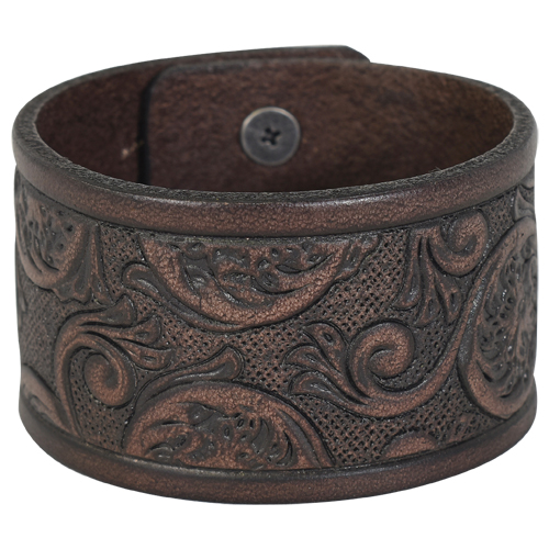 JUSTIN BRACELET BROWN TOOLED LEATHER CUFF, 2.25"W