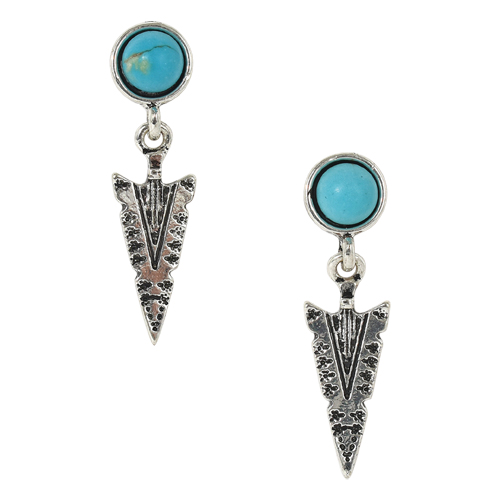 [22167EJ1] JUSTIN EARRINGS SILVER ARROWHEAD W/TURQUOISE COLORED STONE