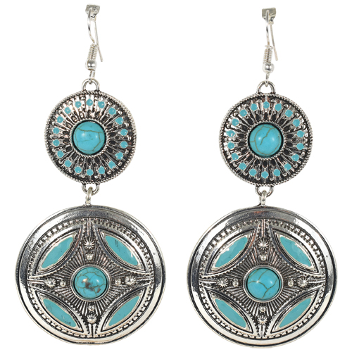 [22170EJ2] JUSTIN EARRINGS SILVER DISCS W/TURQUOISE COLORED STONES