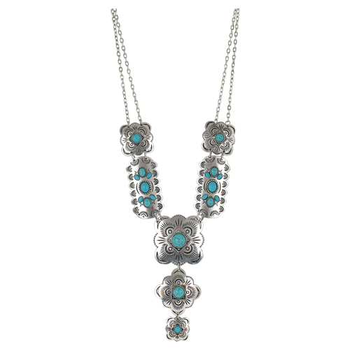 [22171NJ1] JUSTIN NECKLACE MULTI CONCHOS W/TURQUOISE COLORED STONES 25" + 2.5" EXT