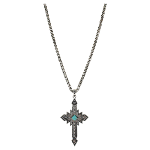 JUSTIN MENS NECKLACE AZTEC INSPIRED CROSS W/TURQUOISE COLORED STONE  22"