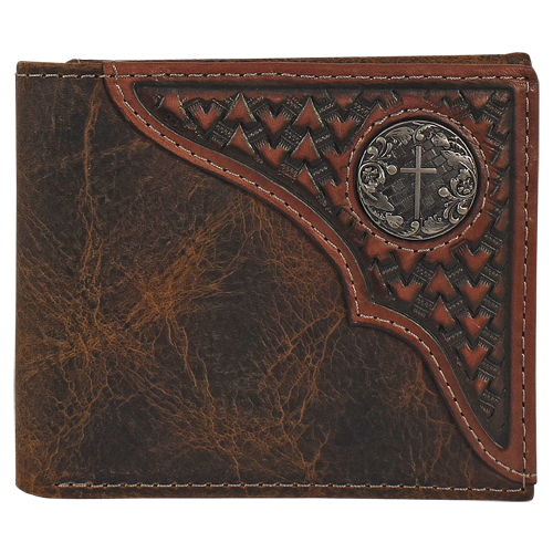 [23093138W5] JUSTIN MENS BIFOLD WALLET TOOLED YOKE W/CONCHO