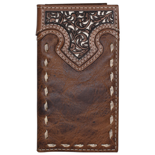 JUSTIN MENS JR RODEO WALLET W/ TOOLED YOKE AND RAWHIDE BUCK STITCH