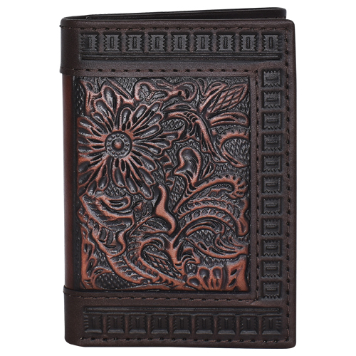 JUSTIN MENS GENUINE LEATHER TRIFOLD WALLET W/ TOOLING AND EMBOSSED EDGE