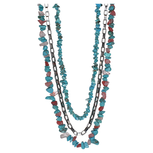 JUSTIN NECKLACE, 3 STRAND WITH ROLO AND PINK AND TURQ COLORED STONES