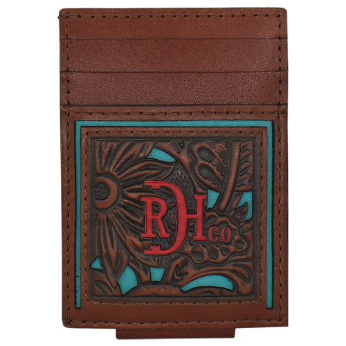 RED DIRT HAT CO CARD WALLET W/ MAGNETIC CLIP TOOLED W/ TURQUOISE INLAY
