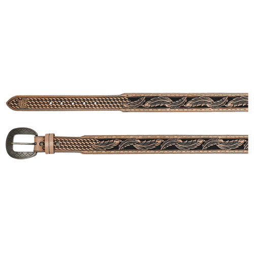 RED DIRT HAT COMPANY MENS BELT VACHETTA LEATHER W/BASKETWEAVE AND FEATHER TOOLING