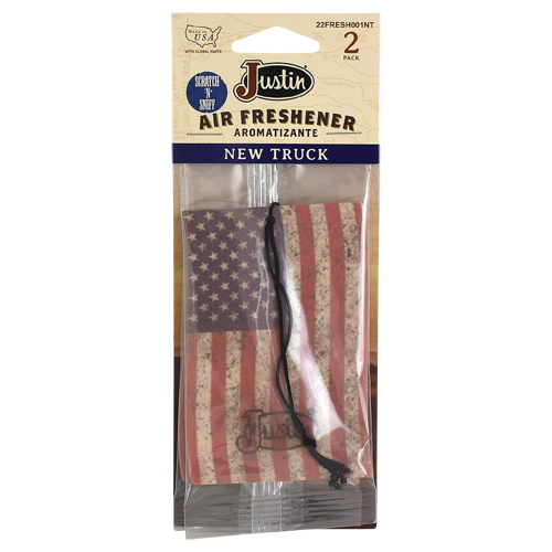22FRESH001NT JUSTIN AIR FRESHENER, AMERICAN FLAG GRAPHIC W/NEW TRUCK SCENT, 2/PK