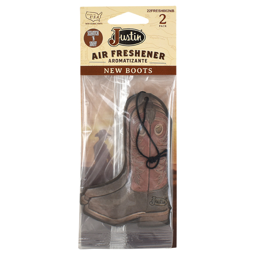 22FRESH002NB JUSTIN AIR FRESHENER, BOOT GRAPHIC W/NEW BOOTS SCENT, 2PK