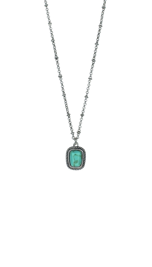 JUSTIN NECKLACE SQUARE FAUX TURQUOISE WITH ROPE ACCENT ON SATURN CHAIN