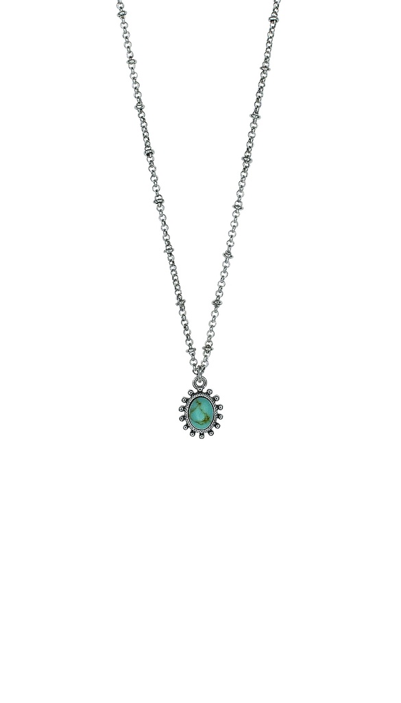 JUSTIN NECKLACE FRAMED OVAL FAUX TURQUOISE ON SATURN CHAIN