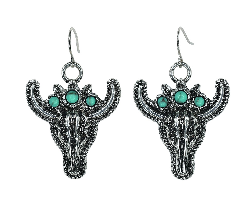 [24028EJ1] JUSTIN EARRINGS STEER HEAD W/FAUX TURQUOISE FLOWER CROWN