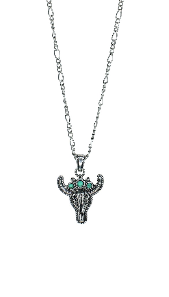JUSTIN NECKLACE STEER HEAD W/FAUX TURQUOISE FLOWER CROWN