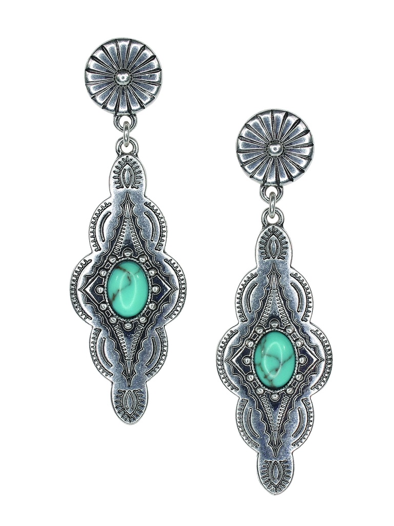 JUSTIN EARRING DROP DANGLE DIAMOND CONCHO WITH TURQUOISE COLORED STONE