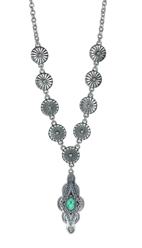 JUSTIN NECKLACE FLOWER AND DIAMOND CONCHO W/FAUX TURQUOISE STONE