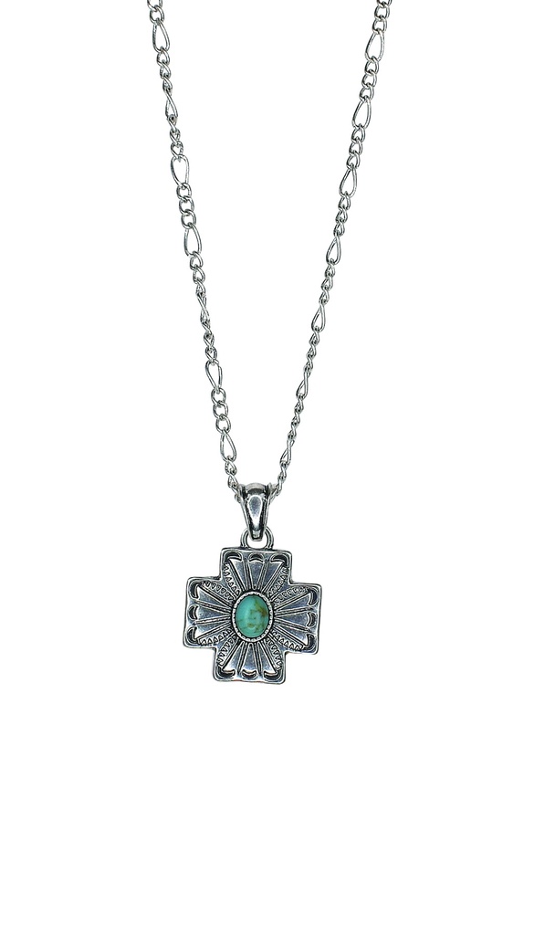 JUSTIN NECKLACE FIGARO CHAIN W/CROSS CONCHO AND FAUX TURQUOISE STONE CHARM
