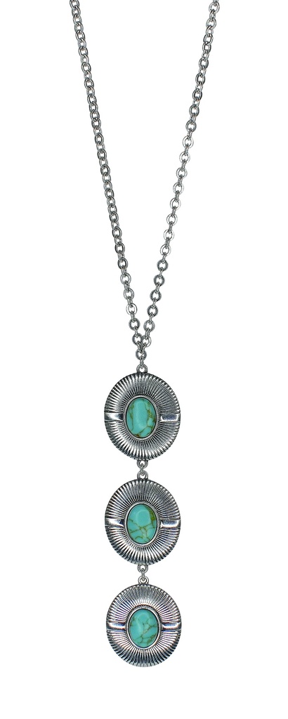 JUSTIN NECKLACE SUNBURST TRIPLE DROP PENDANT W/FAUX TURQUOISE STONE CENTER