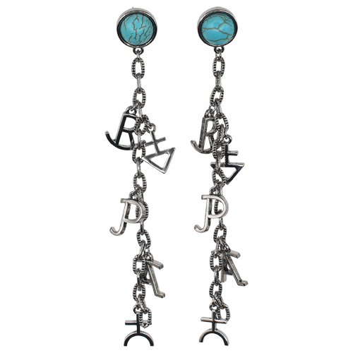 JUSTIN EARRINGS FIXED POST CHAIN DROP AND TIERED BRAND W/FAUX TURQ STONE