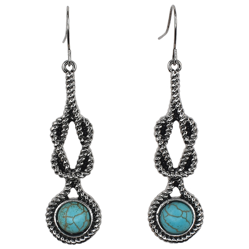 JUSTIN EARRINGS DROP DANGLE SQUARE KNOT W/FAUX TURQUOISE STONE