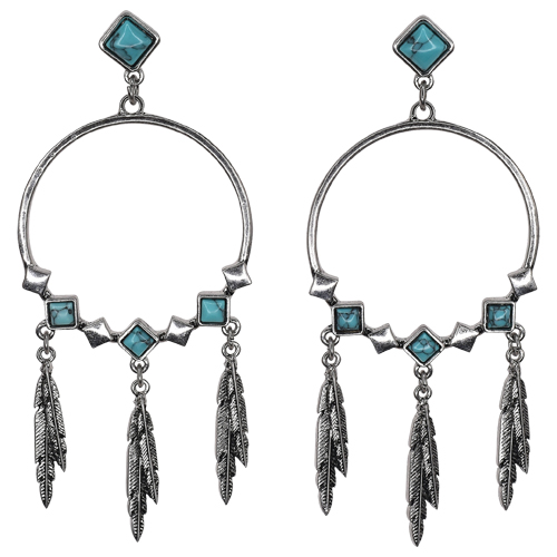 JUSTIN EARRINGS DROP DANGLE HOOPS W/FAUX TURQUOISE STONES AND FEATHERS