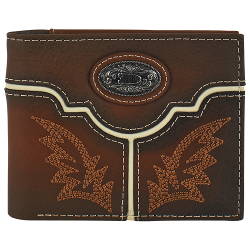 JUSTIN MENS  BIFOLD WALLET GENUINE LEATHER W/BURNISHED TAN YOKE AND CONCHO
