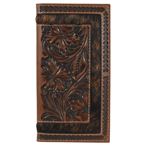 [24010767W2] JUSTIN MENS RODEO WALLET GENUINE LEATHER W/HAIR ON AND TOOLING