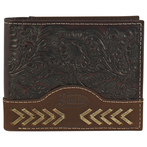 JUSTIN MENS BIFOLD GENUINE LEATHER BROWN W/ TOOLING AND RAWHIDE