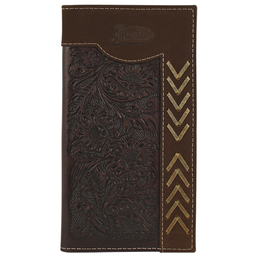 [24010767W7] JUSTIN MENS RODEO WALLET GENUINE LEATHER BROWN W/ TOOLING AND RAWHIDE