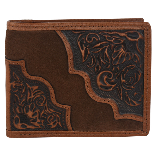 TONY LAMA GENUINE LEATHER MENS LARGE BIFOLD WALLET WITH FLORAL TOOLING AND ROUGHOUT