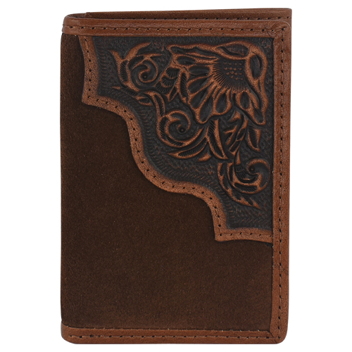 TONY LAMA GENUINE LEATHER MENS TRIFOLD WALLET WITH FLORAL TOOLING AND ROUGHOUT