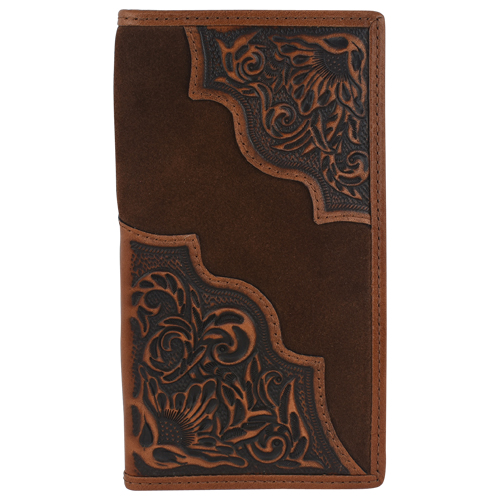 TONY LAMA GENUINE LEATHER MENS RODEO WALLET WITH FLORAL TOOLING AND ROUGHOUT