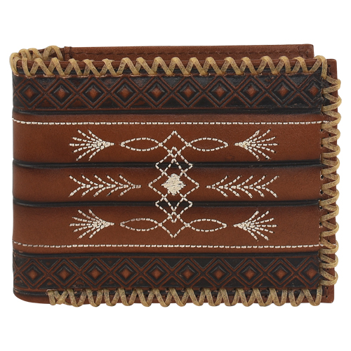 TONY LAMA GENUINE LEATHER MENS LARGE BIFOLD WALLET W/GEOMETRIC EMBOSS, TOEBUG DESIGN AND RAWHIDE
