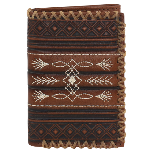 TONY LAMA GENUINE LEATHER MENS TRIFOLD WALLET W/GEOMETRIC EMBOSS, TOEBUG DESIGN AND RAWHIDE
