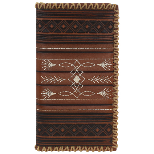 TONY LAMA GENUINE LEATHER MENS RODEO WALLET W/GEOMETRIC EMBOSS, TOEBUG DESIGN AND RAWHIDE