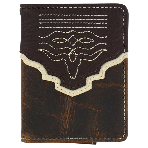 [24025565M5] TONY LAMA GENUINE LEATHER MENS BIFOLD CARD WALLET BROWN OILED LEATHER W/ YOKE, STEER HEAD TOEBUG AND MAGNET MONEY CLIP