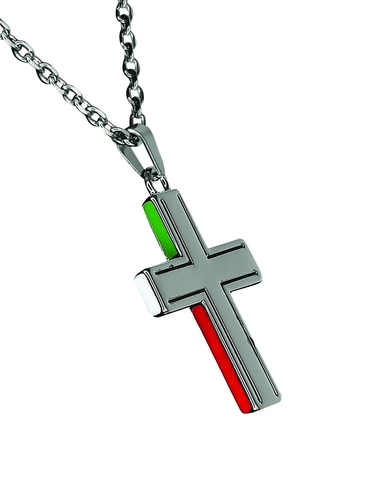JUSTIN MEN'S NECKLACE STAINLESS STEEL CROSS W/ENAMELED MEXICAN FLAG COLORS