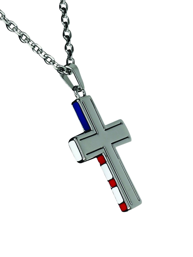 JUSTIN MEN'S NECKLACE STAINLESS STEEL CROSS W/ENAMELED AMERICAN FLAG COLORS