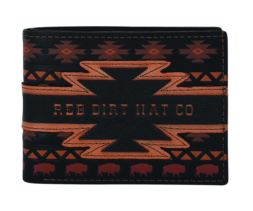 RED DIRT HAT CO BIFOLD WALLET BLK W/AZTEC DESIGN AND BISON