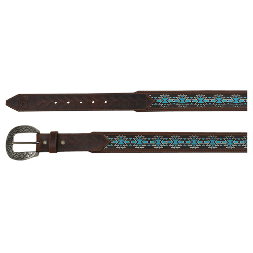 RED DIRT HAT CO MENS BELT TAN W/DRK BRN AND BLUE SOUTHWEST PRINT PATTERN