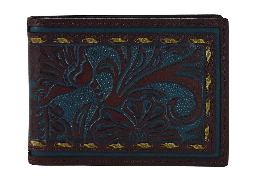 RED DIRT HAT CO BIFOLD WALLET BRN W/GRAY WASHED TOOLING AND RAWHIDE