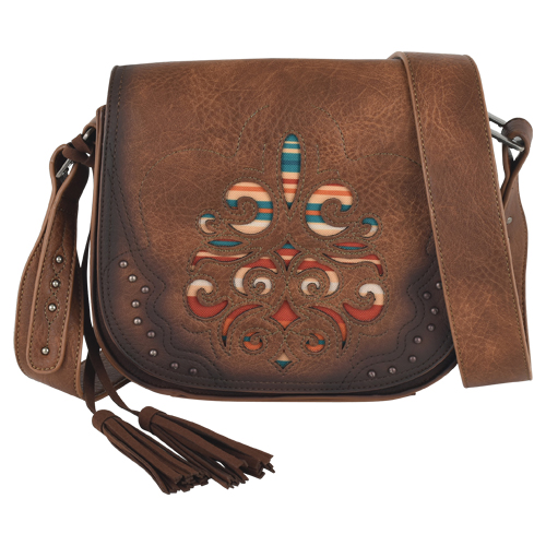 JUSTIN LADIES SADDLE BAG BROWN BURNISHED W/MULTICOLORED INLAY 