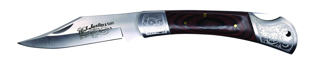 JUSTIN FOLDING KNIFE WOOD HANDLE W/ ETCHING