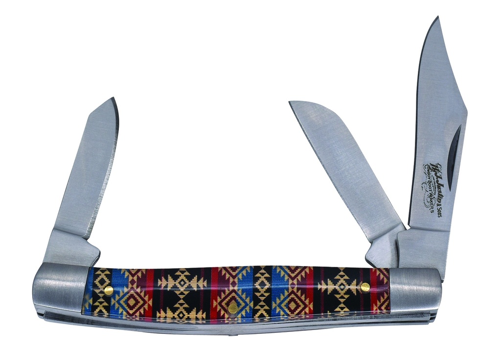 [2427430563] JUSTIN STOCKMAN KNIFE ACRYLIC BLUE AND RED AZTEC 3 BLADE