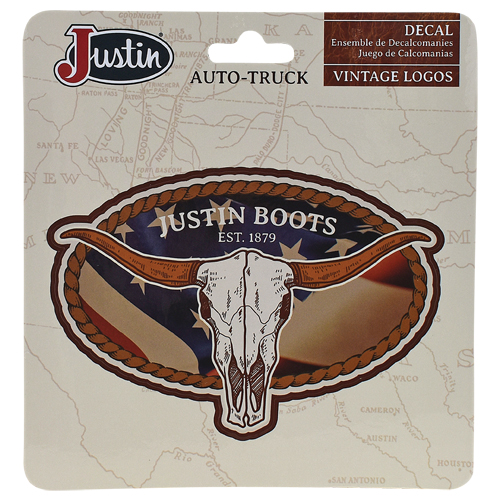JUSTIN USA FLAG & STEER SKULL VINYL DECAL W/ SELF ADHESIVE
