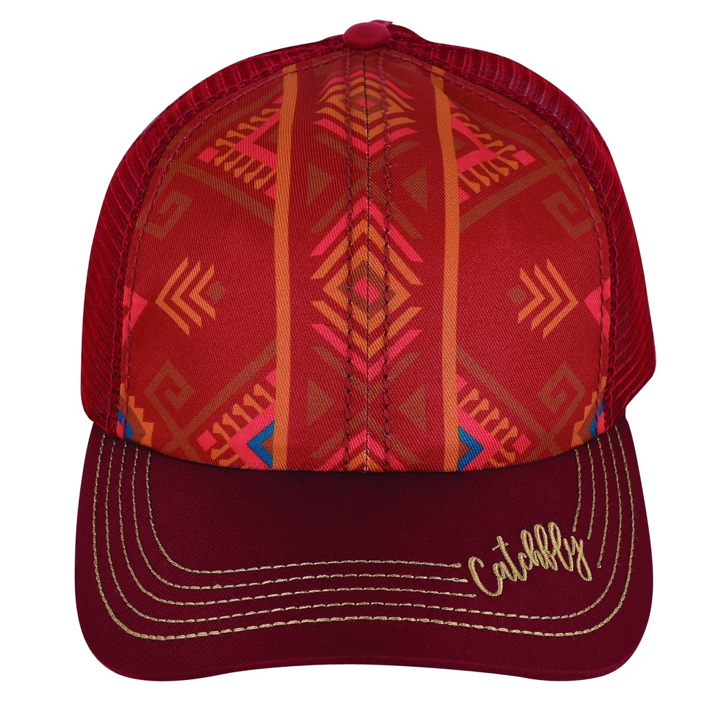 CATCHFLY LADIES BASEBALL CAP MAROON AND ORANGE GEO DESIGN