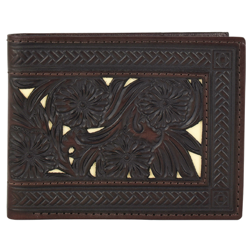 TONY LAMA GENUINE LEATHER MENS LARGE BIFOLD WALLET W/FLORAL TOOLING AND BONE INLAY