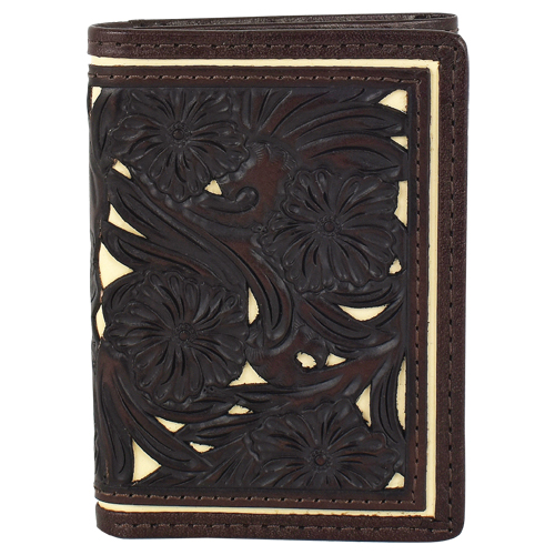 TONY LAMA GENUINE LEATHER MENS TRIFOLD WALLET W/FLORAL TOOLING AND BONE INLAY