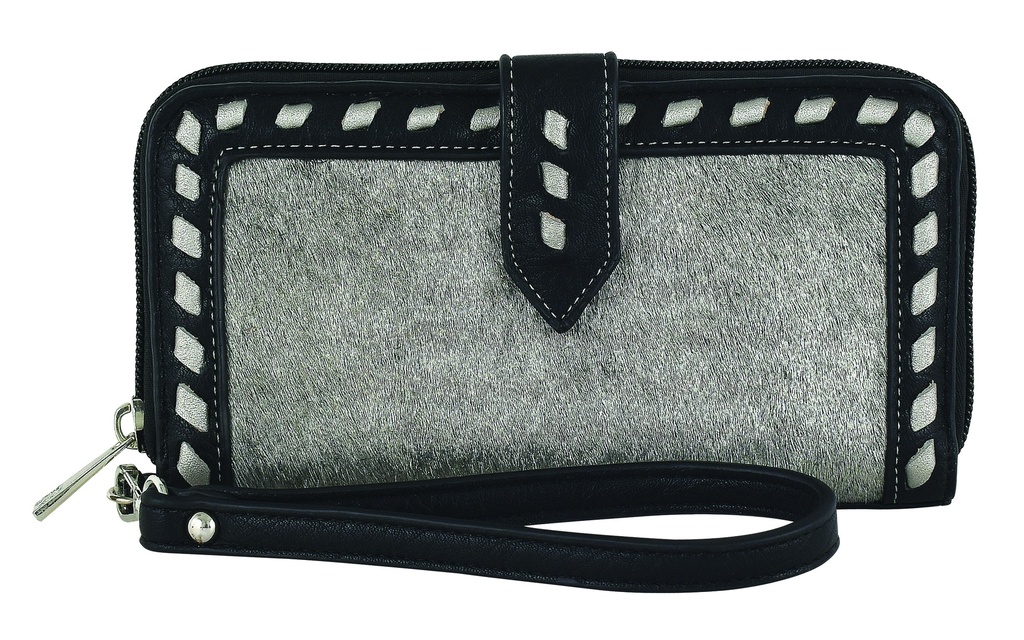 CATCHFLY LADIES GENUINE HAIR ON WRISTLET WALLET BLACK WITH SILVER 