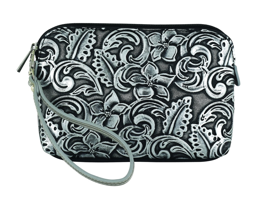 CATCHFLY LADIES COSMETIC POUCH BLACK AND SILVER EMBOSS